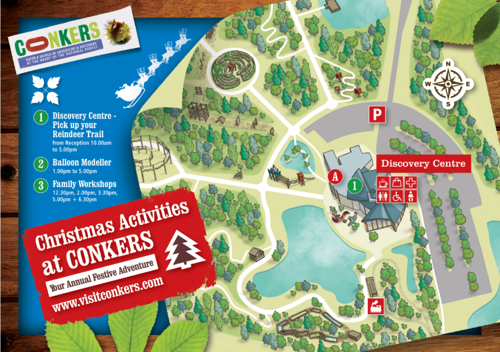 Conkers Winter Wonderland map - arrival at Discovery Centre, toilets and food